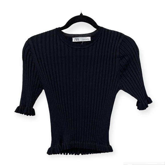 Zara Stretch Ribbed Ruffle Hem Crewneck Top Black Medium - Picture 1 of 7